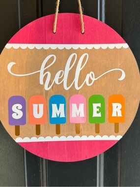 Hello Summer Round Wooden Door Sign - Pink and Multi color 12”